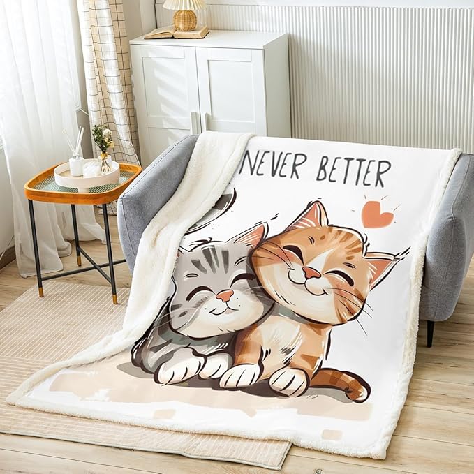 Two Little Cats Fleece Throw Blanket Cute Cat Sherpa Blanket for Sofa Couch Bed Cartoon Pet Plush Blanket Lovely Animals Fuzzy Blanket White Bedroom Decor Twin 60"x80"