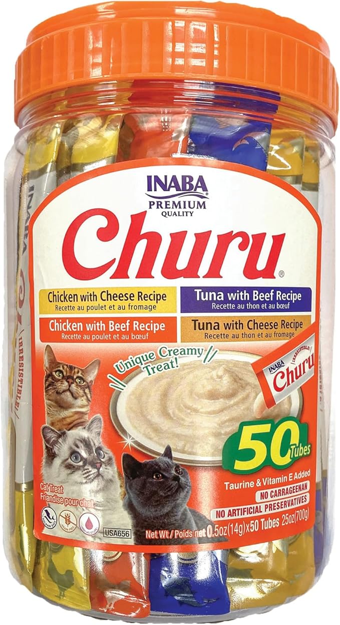 INABA Churu Cat Treats, Grain-Free, Lickable, Squeezable Creamy Purée Cat Treat/Topper with Vitamin E & Taurine, 0.5 Ounces Each Tube, 50 Tubes, Beef & Cheese Variety