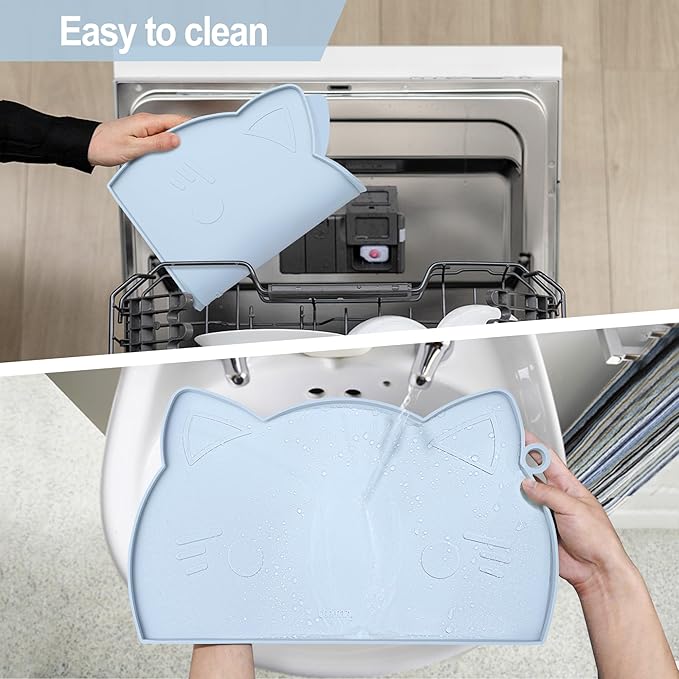 Coomazy Cat Food Mat, Thicker Dog Feeding Mat for Food and Water, Waterproof Non-Slip Silicone Mat for Floor, Dog Food Mat with Raised Edge to Prevent Food Spills and Water Runoff (Blue, Medium)