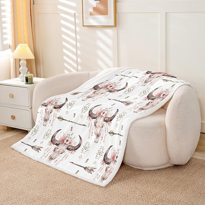Feelyou Bull Skull Throw Blanket for Girls Women - Boho Arrow Floral Bohemian Wild Animal Skeleton Fleece Sherpa for Bed Couch Chair Decor - Tribal Exotic Fuzzy Soft King 87"x95"