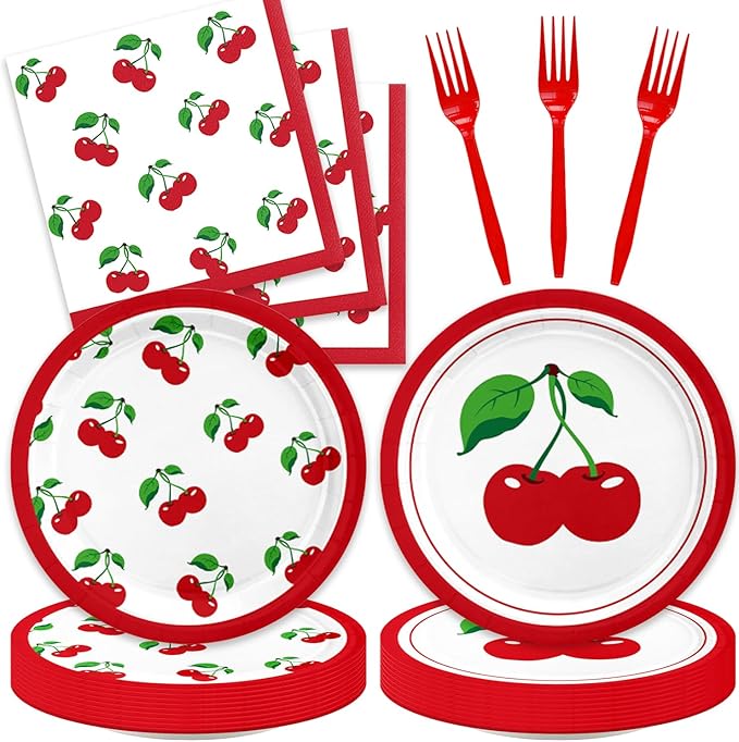 48Pcs Cherry Birthday Decorations Fruit Theme Tableware Set Disposable Plates Napkins Forks Serves 16 Baby Shower Cherry Party Decorations