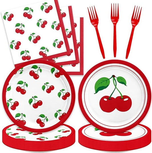 48Pcs Cherry Birthday Decorations Fruit Theme Tableware Set Disposable Plates Napkins Forks Serves 16 Baby Shower Cherry Party Decorations