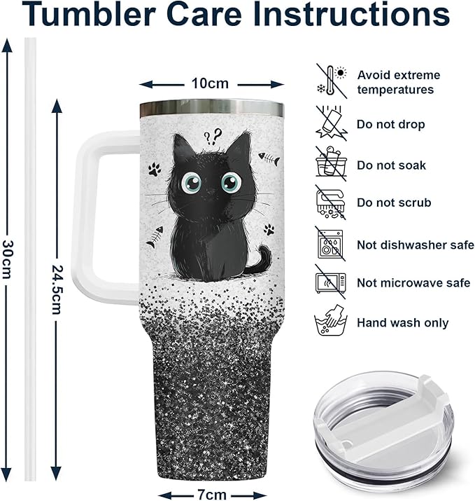 34HD Funny Black Cat Tumbler with Handle and Straw, 40oz Cute Furry Friend Travel Mug Stainless Steel, I Came I Saw Cup, Birthday Gifts for Cat Lovers Women Men