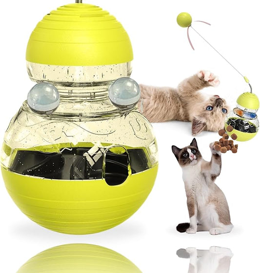 Cat Treat Toy for Indoor Cats - 16.3 '' Cat Interactive & Wand Toy for Bored Adult & Kitten Puzzle Slow Feeder Training Bowl Food Dispenser Track Balls - Christmas & Birthday Gifts (Yellow)