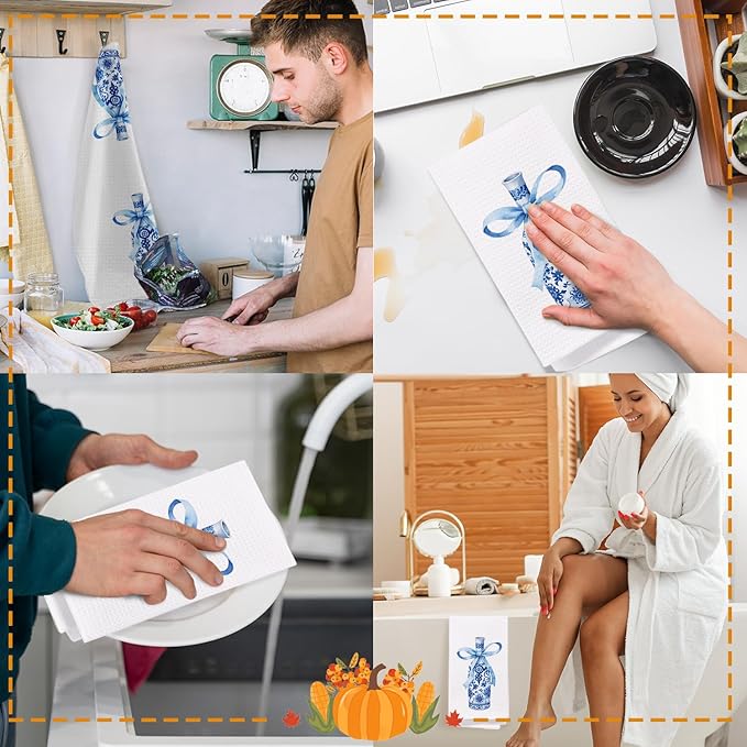 SPBL&L Chinoiserie Decor Kitchen Towels, Blue and White Chinoiserie Champagne Decorative Dish Tea Hand Towels for Bathroom, Grandmillenial Decor for Kitchen, 16x24 Inches