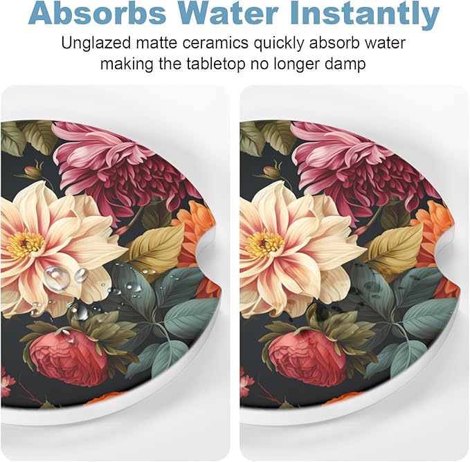 2 Pack Car Cup Holder Coasters, 2.63 inch Anti Slip Insert Absorbent Ceramic Coasters with Cork Base and Finger Notch, Cute Car Accessories Interior for Women