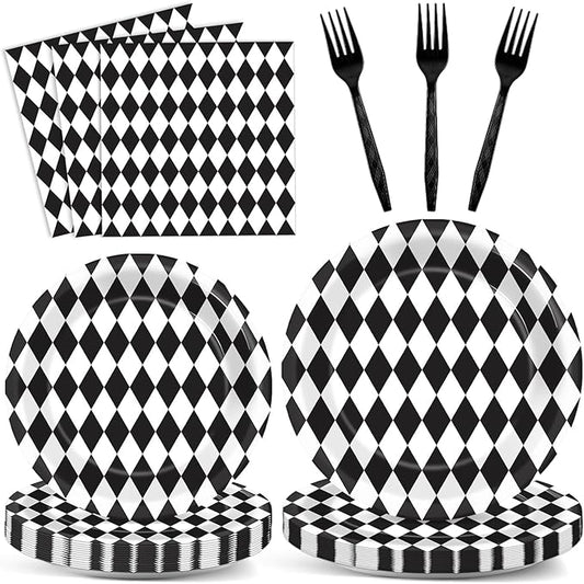 96Pcs Wonderland Party Supplies Black and White Checkered Party Plates and Napkins Race Car Party Disposable Tableware Decorations for Birthday Baby Shower Party Favors for 24 Guests