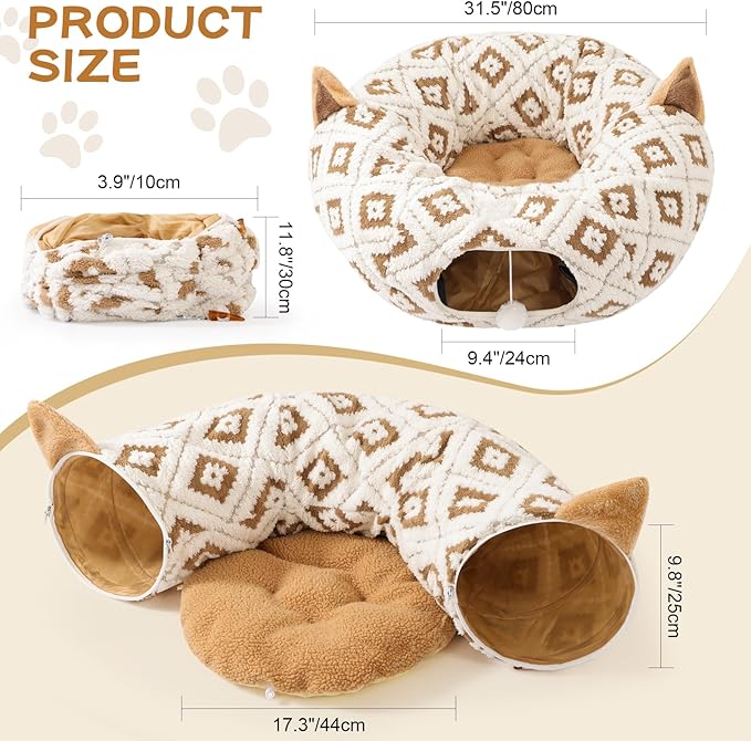 Cat Tunnel with Cat Bed for Indoor Cats, 3 in 1 Cat Donut Tunnel, Cute Cat Bed with Cushion Peephole and Cat Ear for Cats, Kittens, Rabbit, New Jacquard Pattern
