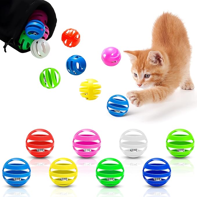 Kasyat 21 Pieces Plastic Cat Balls with Bells Bulk Cat Toys Balls Inside Kitten Chase Toys Lattice Bell Balls Cat Pounce Rattle Ball with Black Plush Drawstring Bag for Cat Exercise and Play Indoor