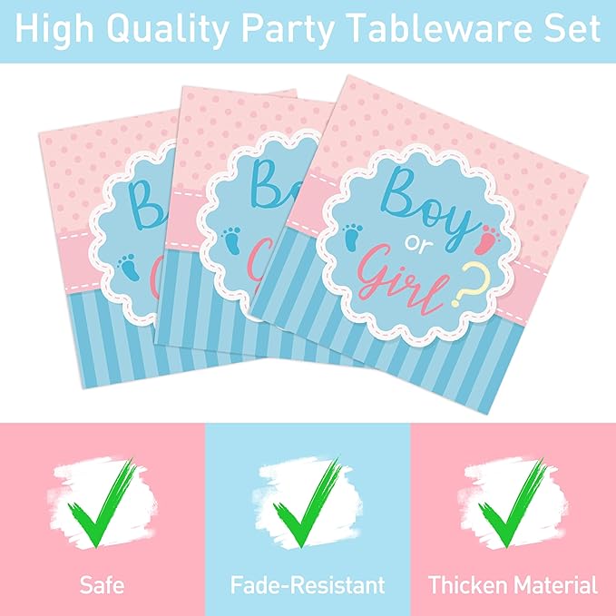 96 Pcs Gender Reveal Party Plates Napkins Forks Decorations Dinnerware Set Disposable Paper Boy or Girl Baby Birthday Supplies Tableware Favors, Serves 24 Guests