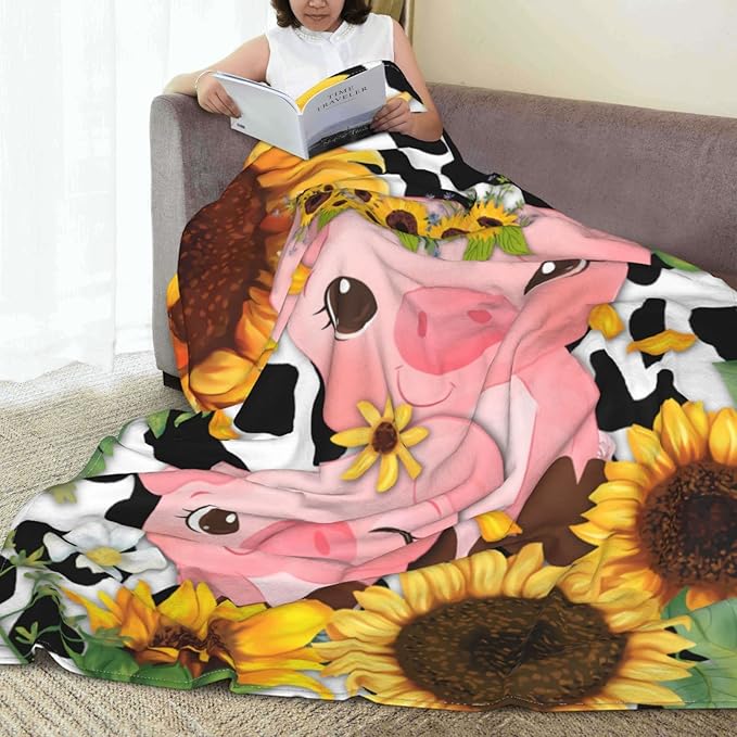 Fuzzy Throw Blanket 350 GSM Fleece Ultra-Soft Microfiber Blanket for Adults Kids Gift Couch, Sofa, Bed Pig Cow Sunflower 60"x50"