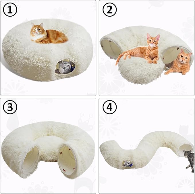 White Fluffy Warm Plush Cat Tunnel Bed, Soft Collapsible Multi-Combinations Cat Tube Playgound Toys, Cat Donut Tunnel for Indoor Cat Kitty Kitten Puppy Rabbit Ferret