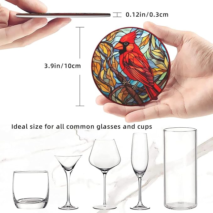 Cardinal Drink Coaster Set of 6, Cardinal Decor Gifts, Leather Drink Coasters with Holder, 6 Pack Cup/Bar/Drink Coasters for Table/Drinks/Coffee Protection Housewarming Gift