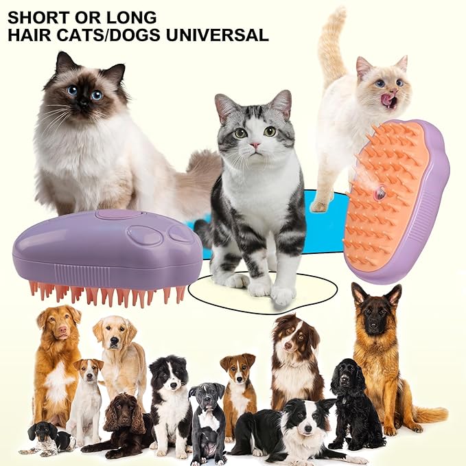 3in1 Cat Steam Brush,Quiet Cute Rechargeable Steamy Pet Brush for Long/Short Hair Dog/Cat Shedding&Grooming&Cleaning,with USB Cable,Effectively Remove Floating&Tangled Hair-Purple Cat Paw