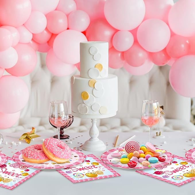 48Pcs Candyland Party Decorations Candy Land Party Decorations Include Pink Birthday Baby Shower Forks, Plates and Napkins Supplies