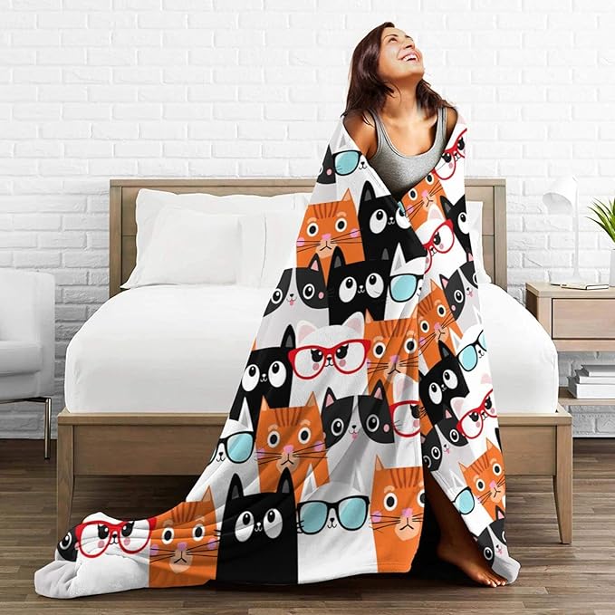 Cute Cat Blanket Animals Pet Pattern Gifts for Cat Lovers Soft Lightweight Flannel Throw Blankets for Kids Adults 80"x60"