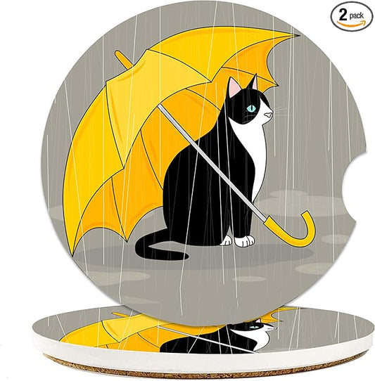 Black Cat Rain Car Coasters for Cup Holders, Absorbent Ceramic Coaster with Cork Back, Car Accessories Gifts for Men Women, 2PCS Universal Anti Slip Car Accessories, Cup Mat for Most Car Interior