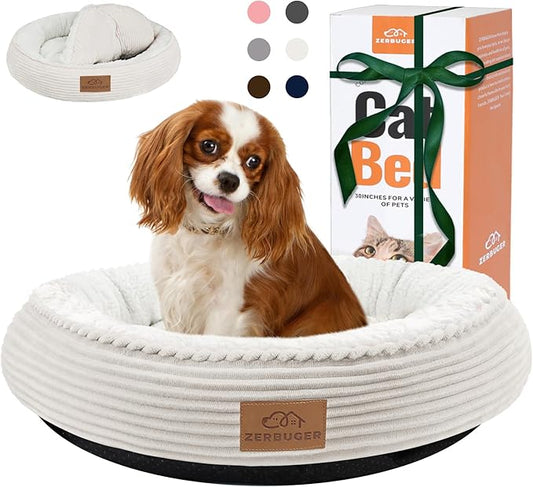 30in Cream Round Cat Dog Bed for Large Medium Small Dogs Cats, Machine Washable Sleeping Sofa, Non-Slip Bottom Breathable Soft Calming Pet Cuddler for Indoor/Outdoor/Car/Cage, Fit up to 45lbs
