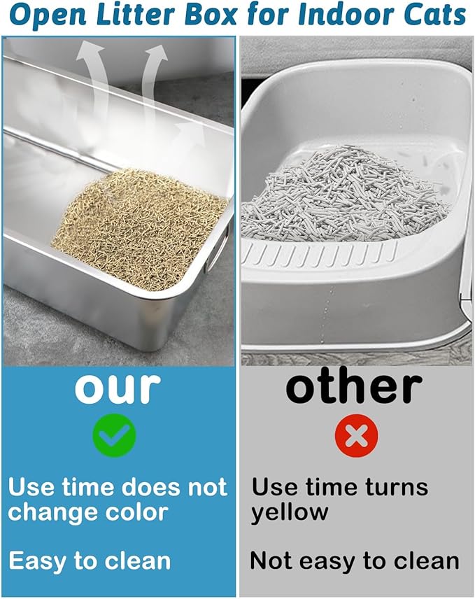 BNOSDM Cat Litter Box Stainless Steel, Metal Cat Litter Pan with Handles (17.7'' x 14'' x 6'') Rustproof High Sides Cats Toilet with Litter Sifting Scoop for Cats Rabbits