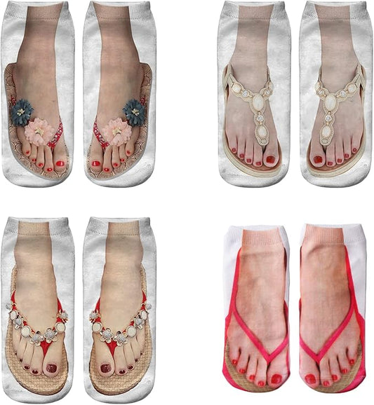 3D Manicure Print Socks Funny Flip Flop Socks 3D Pattern Socks Sandal Socks Low Cut Ankle Silly Socks- A Gag Gift