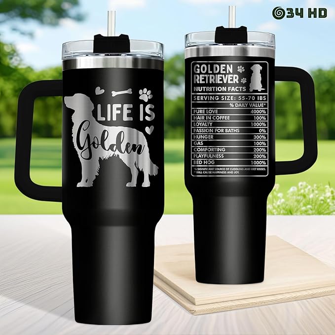 34HD Funny Golden Retriever Tumbler 40oz with Handle – Stainless Steel Insulated Dog Lover Cup – Life is Golden Travel Mug – Dog Mom Gift for Birthday, Christmas, Mother’s Day