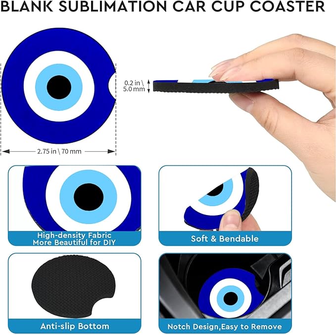 Car Coasters for Cup Holders,2 Pack Blue Evil Eye Car Cup Holder Coasters,2.75" Universal Size Anti Slip Rubber Mat,Automotive Cup Holder Decal Decor Accessories,Evil Eye Gifts for Men,Women Mom