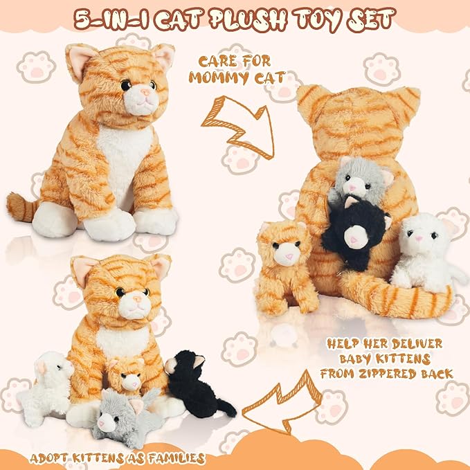 5 Pieces Cat Stuffed Animal Plush with Babies Inside, Mommy Stuffed Orange Tabby Cat with 4 Kittens Stuffed Animal, Kitty Cats Plushies Toys Pillow Plush for Kids Boys Girls Birthday Christmas Party