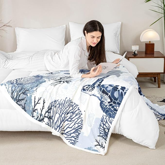 Turtle Sherpa Blanket White Blue Sea Hawaiian Turtle Fleece Throw Blanket Tortoise Plush Ocean Beach Theme Fuzzy Underwater Turtle Fleece Throw Blanket for Bed Sofa Couch Baby 30"x40"