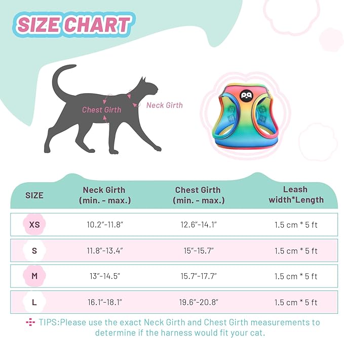 Cat Vest Harness Leash Set: Escape Proof & Reflective Kitten Soft Mesh Vest for Small Medium Large Puppy Pets Walking Hiking and Traveling(XSmall,Multi-Colored)