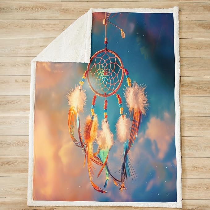 Dreamcatcher Plush Blanket Boho Dream Catcher Decor Fleece Throw Blanket for Sofa Couch Bed Bohemian Style Sherpa Blanket Gradient Room Decor Chic Luxury Feather Fuzzy Blanket Throw 50x60 Inch