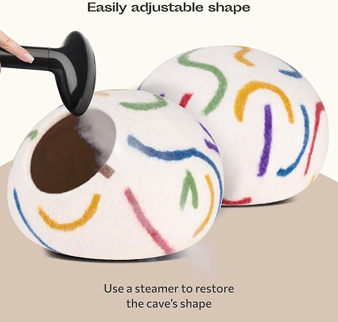 MEOWFIA Cat Cave – Premium Felt Cat Bed for Indoor Cats, Handmade 100% Merino Wool (Vivid Shades) (Large, Ivory Rainbow)