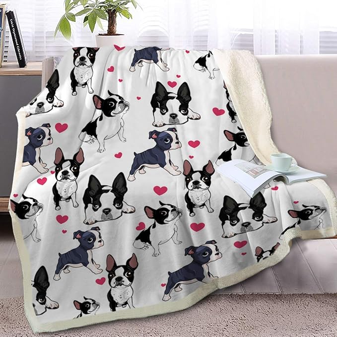 BlessLiving Boston Terrier & Frenchie Dog Plush Blanket - Red Heart Cute Puppy Dog Cozy Fleece Throw for Kids, Girls & Women - White - 50 x 60 Inch