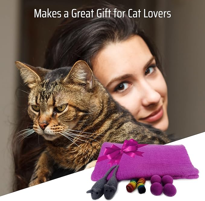 Dragonfly Creek Wool Cat Mat -Fair Trade and Eco Friendly Wool Cat Bed with Felted Wool Cat Toys- Multipurpose Cat Sleeping Bed for Playtime and Napping- Soft and Cozy Felt Cat Cushion