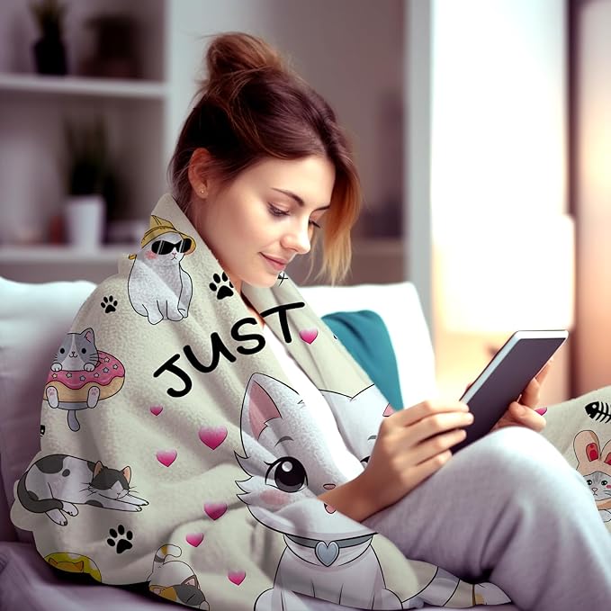 Cat Blanket Soft Cozy Warmth Flannel Cats Throw Blankets Just A Girl Who Loves Cats Blankets Bedding Decor for Cat Lover Girls Women Adults Gifts 80"x60"