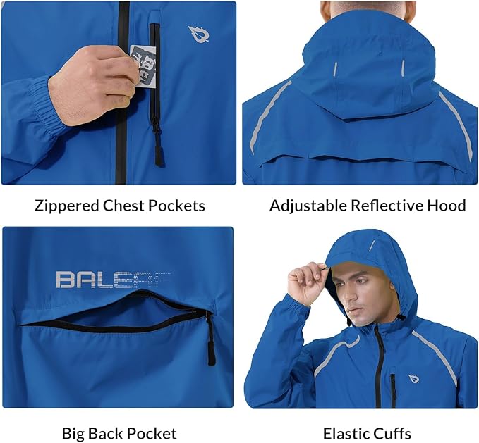 baleaf Men's Rain Jacket Waterproof Windbreaker Running Cycling Golf Hiking Gear Hood Lightweight Reflective Packable