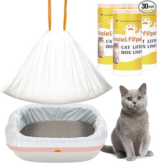 30 Count 31" x 18" Cat Litter Box Liners, Durable Thicken Drawstring Cat Litter Pan Liner Bags, Medium Kitty Waste Bags for Poop