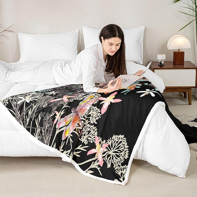 Feelyou Dragonfly Sherpa Blanket Baby 30x40 Inches Botanical Floral Fleece Throw Blanket for Kids Girls Teens Women Bedroom Decor Nature Animals Branches for Sofa Bed Couch Black