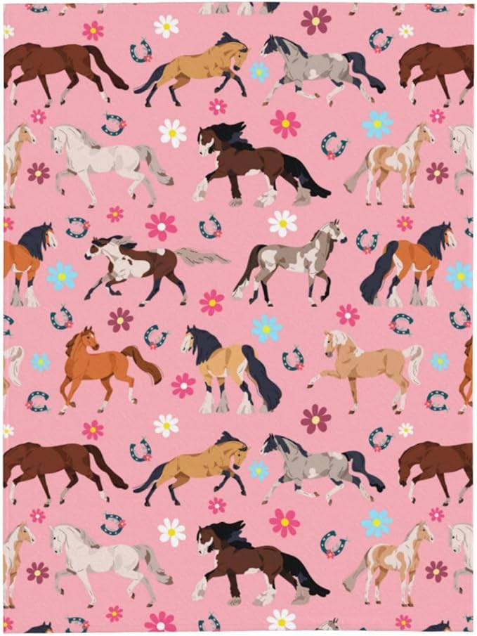 Horse Blanket Throw 80"x60", Plush Flannel Horses Flowers Blanket, Soft Warm Decorative for Kids Women Adults Horse Lovers