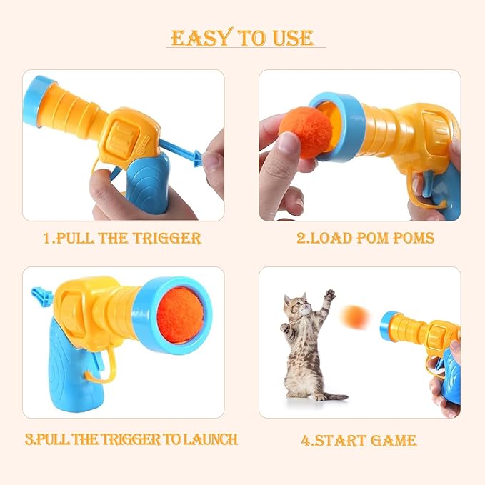 Cat Toy Ball Launcher, 100PCS 1.18 inch Plush Pompom Balls and 1 Cat Ball Toy Launcher, Interactive Kitten Toys for Indoor Cats, Colorful Soft Cat Balls, Great for Training, Play and Hunting