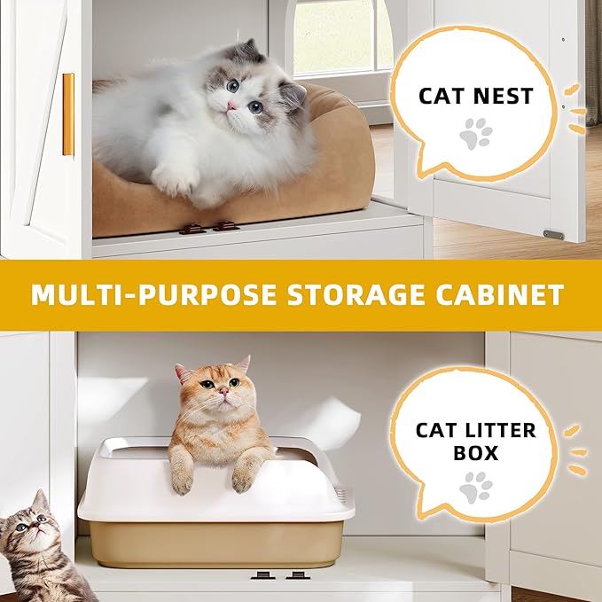 DWVO 4 in 1 Cat Toys Mini Pool Table for Cats, Litter Box Enclosure for Cat Pool Table Tower with Feather Wand Interactive Exercise Play Rest Beds & Litter Box Furniture, White, Medium