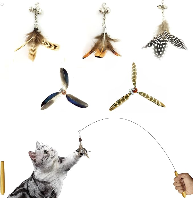 Cat Wand Toy for Indoor Cats, 32'' Flexible Steel Wire 5PCS Feather Cat Toys with Sturdy Wood Handle Replaceable Rotating Feather Cat String Kitten Toy (32'' Steel Wire + 5PCS Feather)