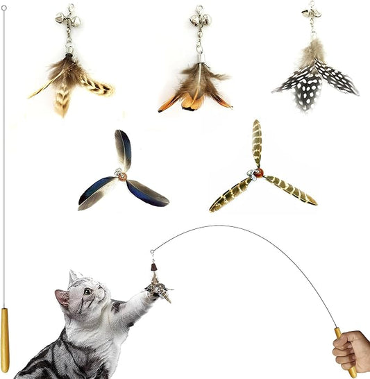 Cat Wand Toy for Indoor Cats, 32'' Flexible Steel Wire 5PCS Feather Cat Toys with Sturdy Wood Handle Replaceable Rotating Feather Cat String Kitten Toy (32'' Steel Wire + 5PCS Feather)