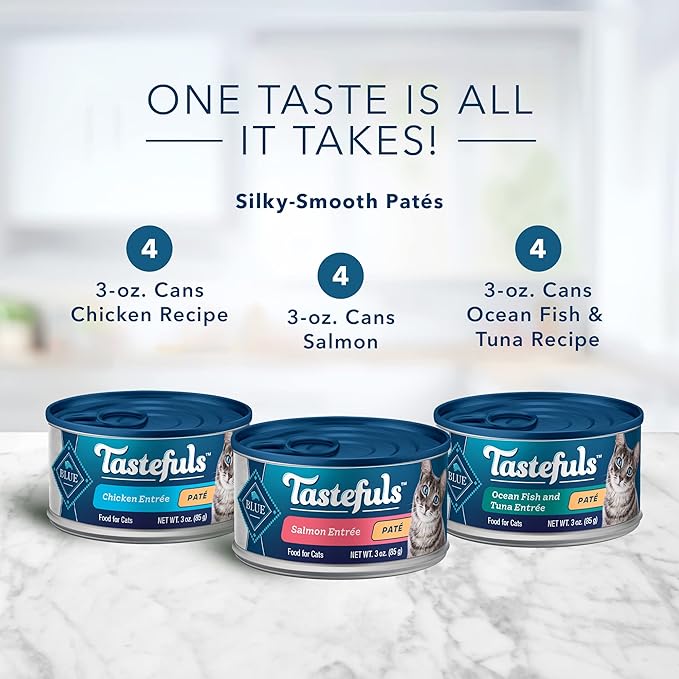 Blue Buffalo Tastefuls Natural Pate Wet Cat Food Variety Pack, Salmon, Chicken, Ocean Fish & Tuna Entrées 3-oz Cans (12 Count - 4 of Each Flavor)