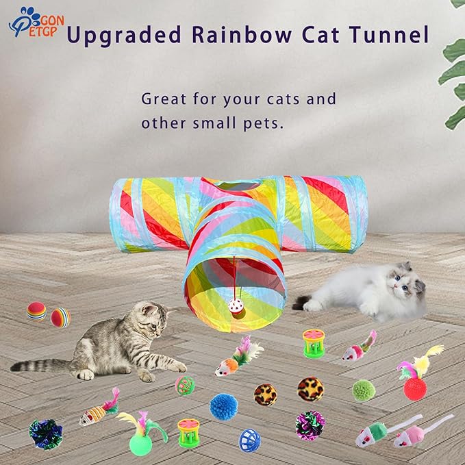 Cat Toys Kitten Toys for Indoor Cats Collapsible Cat Tunnels Tube Toy Bundle Pack, Cat Feather Teaser Interactive Feather Toy Fluffy Mouse Crinkle Balls Play for Cat Puppy Kitten