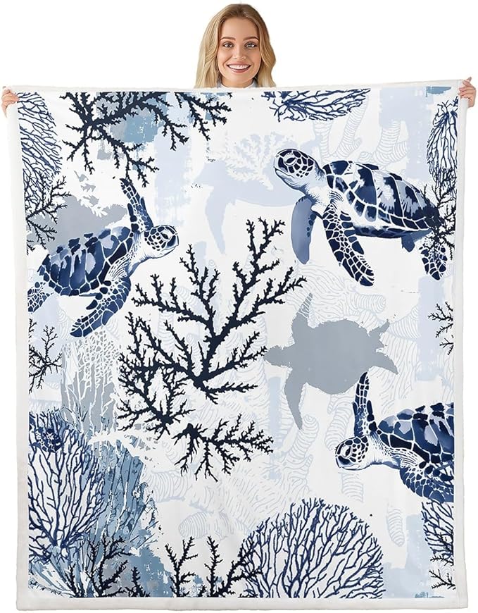 Turtle Sherpa Blanket White Blue Sea Hawaiian Turtle Fleece Throw Blanket Tortoise Plush Blanket Ocean Beach Theme Fuzzy Blanket Underwater Turtle Fleece Throw Blanket for Bed Sofa Couch Queen 90"x90"