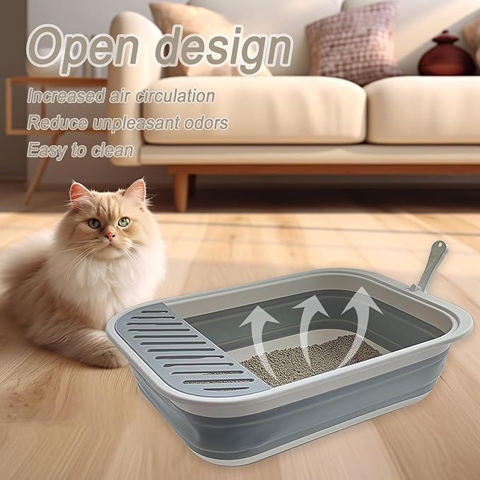 2 pcs Collapsible Kitten Litter Box,Low Entry Shallow Open Cat Potty Pan with Scoop Foldable Shallow Cat Toilet Travel Litter Box with Falling Sand Pedal for Kitty to Senior Cats 2PCS(Grey, Large)