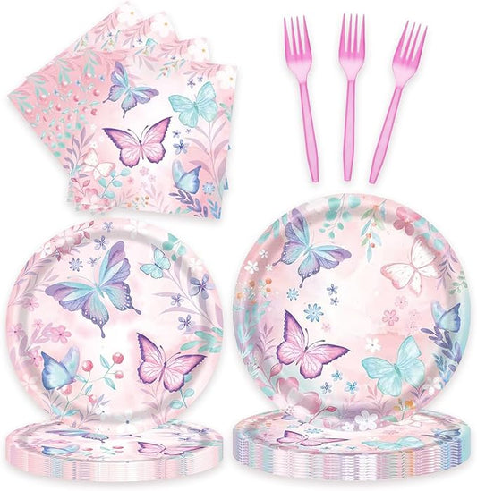 96 Pcs Butterfly Birthday Party Plates Napkins Forks Decorations Tableware Set Supplies Disposable Paper Flower and Butterfly Favors, Serves 24 Guests