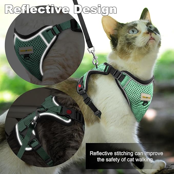 Cat Harness and Leash for Walking, Retractable Cat Harnesses and Leash Set Escape Proof, Breathable Soft Kitten Harness Small Large Cat Harness for Travel Training and Walking, Green, XXS