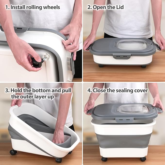 Dog Food Storage Container, 5-20Lbs Collapsible Pet Food Storage Containers with Rolling Wheel Airtight Locking Lid, Dry Food Storage Bin with Cup and Scoop,Suitable for Pet Food, Rice, Flour