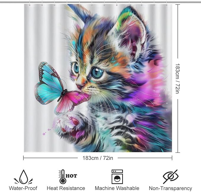 Brebasf Funny Cute Animal Cat Shower Curtain Set Bathroom Set Decorative Abstract Modern Art Watercolor Japanese Anime Cat Butterfly 4 Piece Shower Curtain, Toilet Cover, U-Mat, Floor Mat